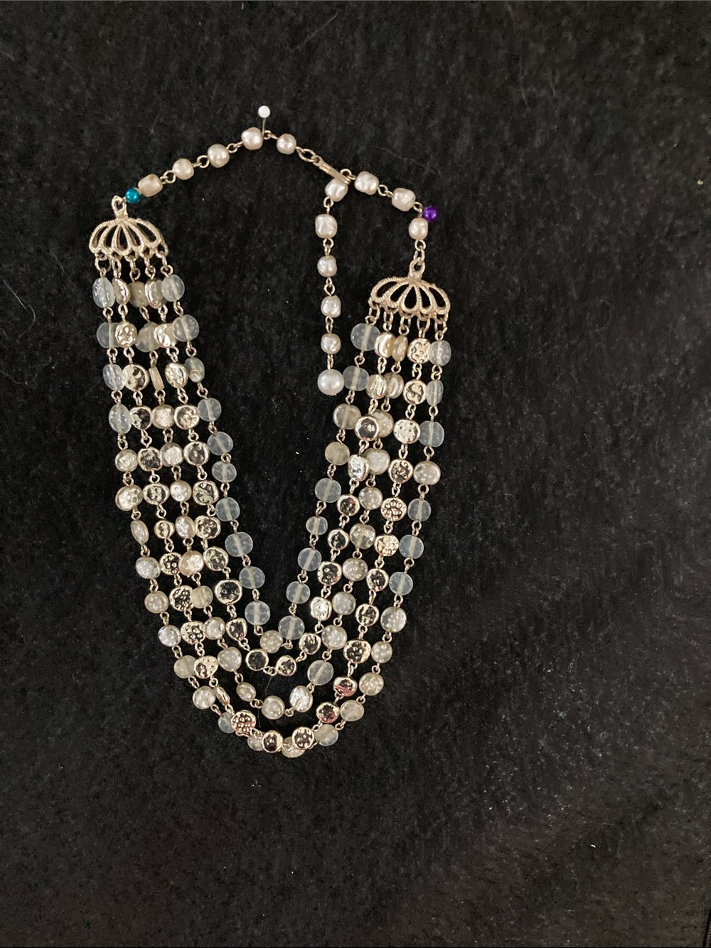 Multi-Strand Silver Beaded Statement Necklace - beads, adjustable length.